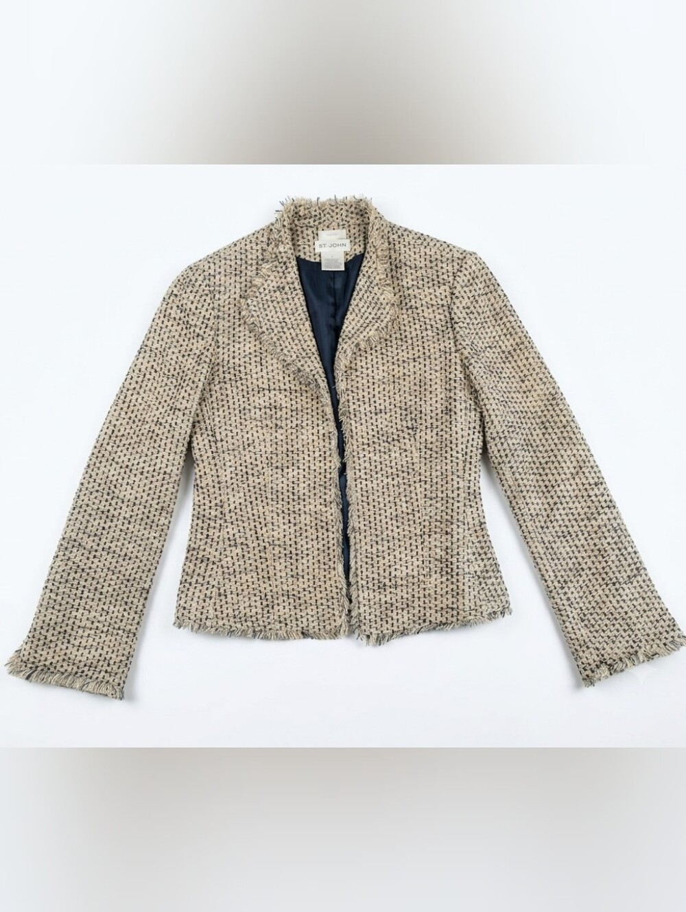 Worthington 100% Silk Tweed Blazer Jacket Fringe Raw Hem Beige Navy Career Sz 4